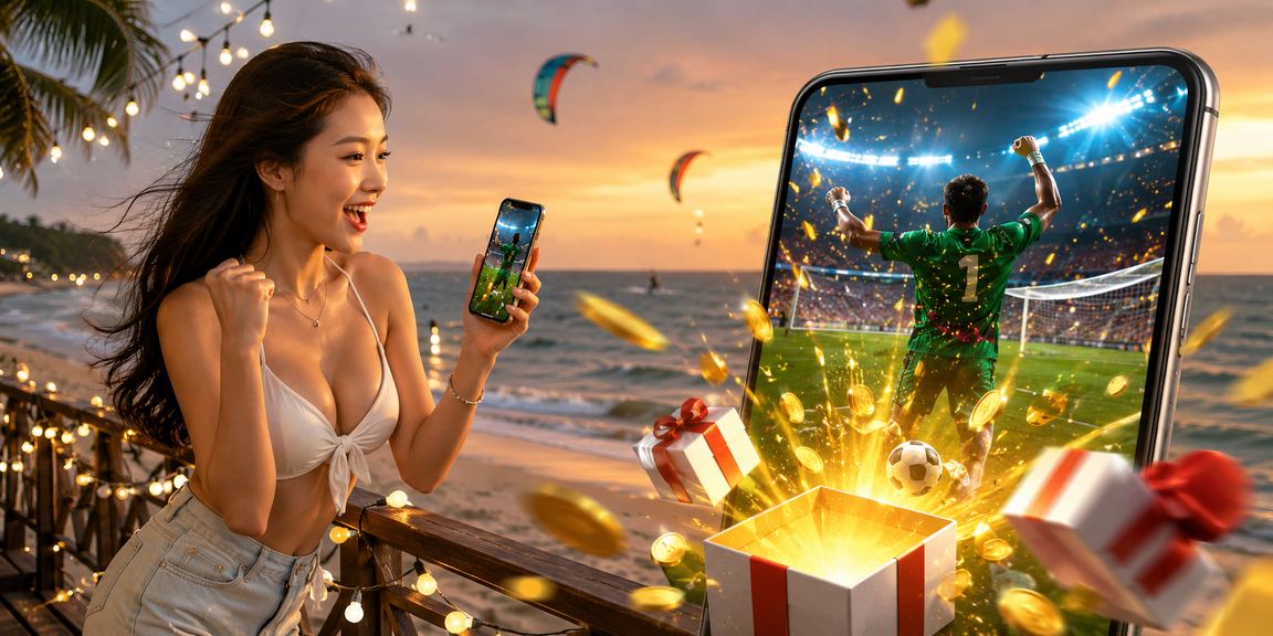 Thành viên sử dụng ứng dụng casino trên điện thoại tại bãi biển Mũi Né buổi chiều